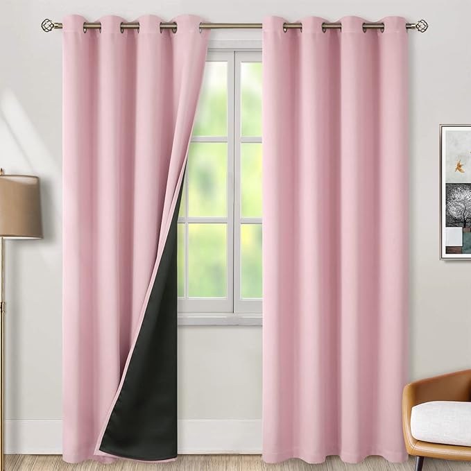 BGment Baby Pink 100% Blackout Curtains for Nursery Bedroom 90 Inch Length 2 Panels, Thermal Insulated Full Light Blocking Grommet Noise Cancelling Window Curtains for Girls Room, 52 Inch Wide Each