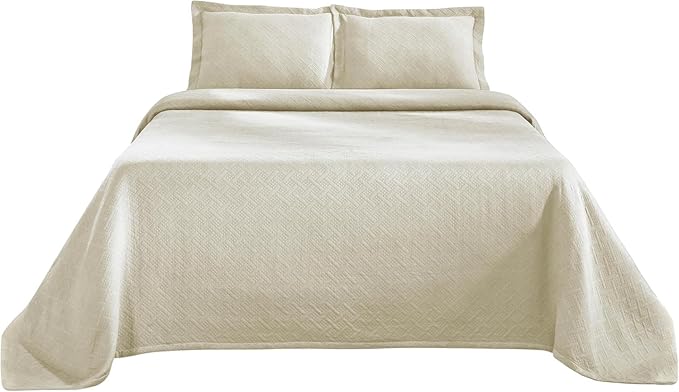 Superior 100% Cotton Basket Weave Bedspread with Shams, All-Season Premium Cotton Matelasse Jacquard Bedding, Quilted-Look Geometric Basket, Full, Ivory