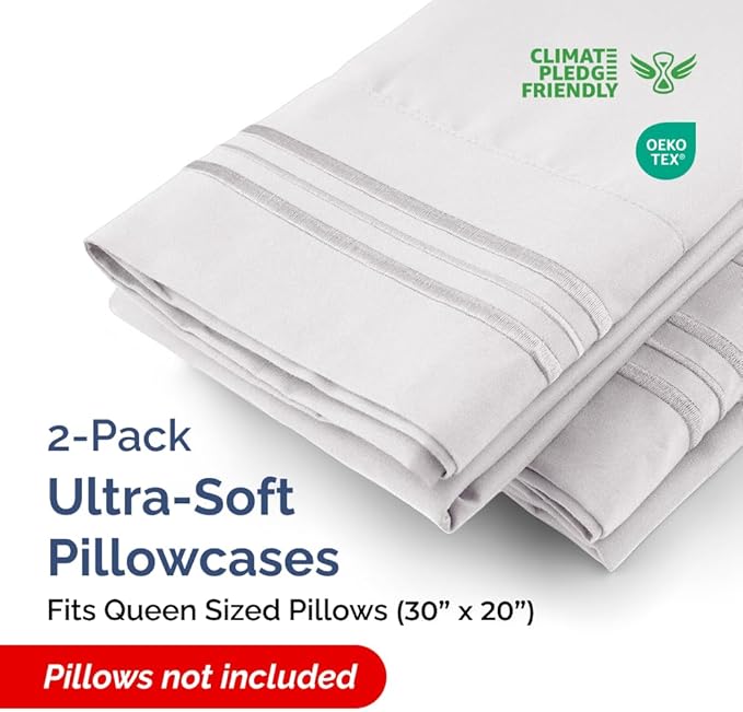 Queen Pillow Cases Set of 2 - Ultra Soft Hotel Quality Pillowcase Covers - Comfy, Cozy & Wrinkle Free - Shrinkage and Fade Resistant - Machine Washable Pillow Protectors - 2 Piece Set - French Grey