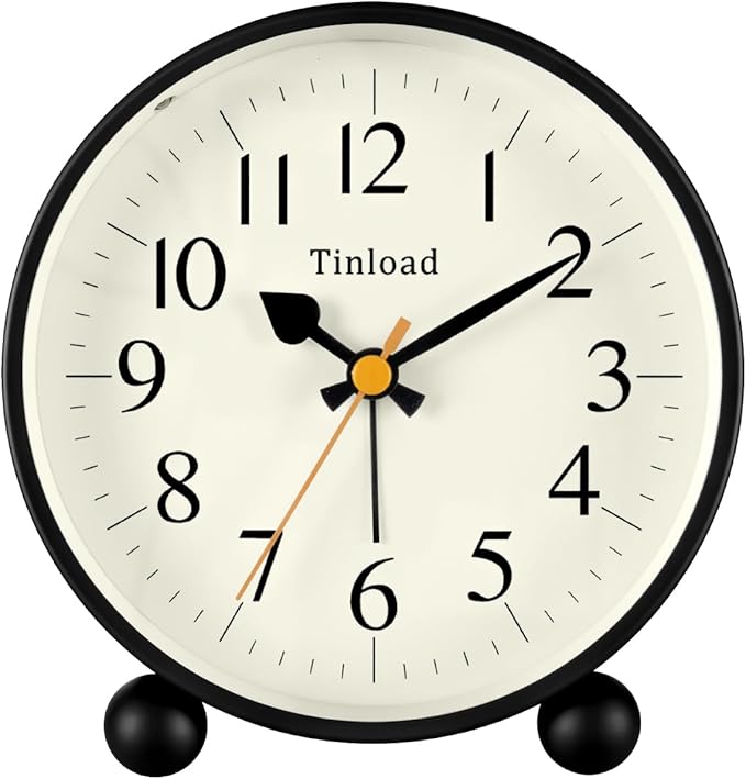 4.5" Vintage Retro Analog Alarm Clock, Super Silent Non Ticking Small Clock with Manual Light, Snooze, Battery Operated, for Living Room, Bedroom, Bedside, Desk(Black)