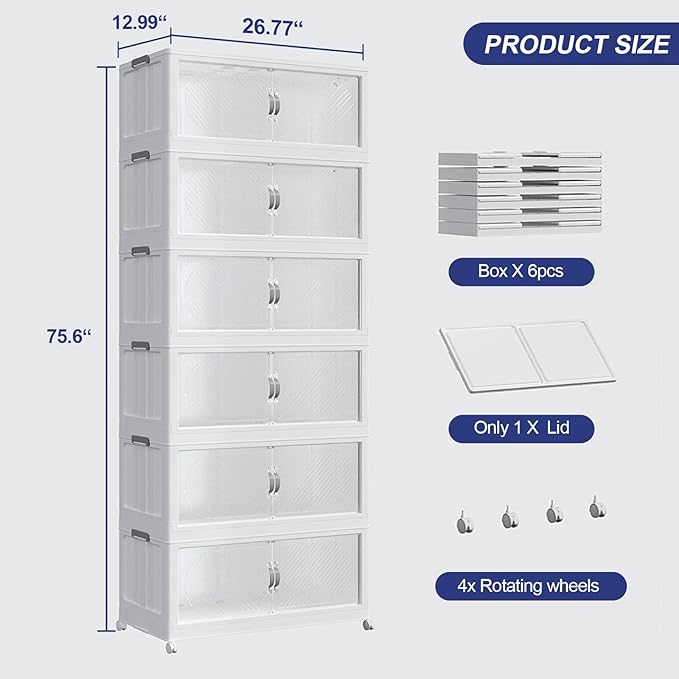 720QT Plastic Stackable Storage Bins with Lid, 180GAL Extra Large Collapsible Box with Wheels Clear Door, Foldable Closet Organizer Container Cabinet Drawer for Home Kitchen，6Pack, White