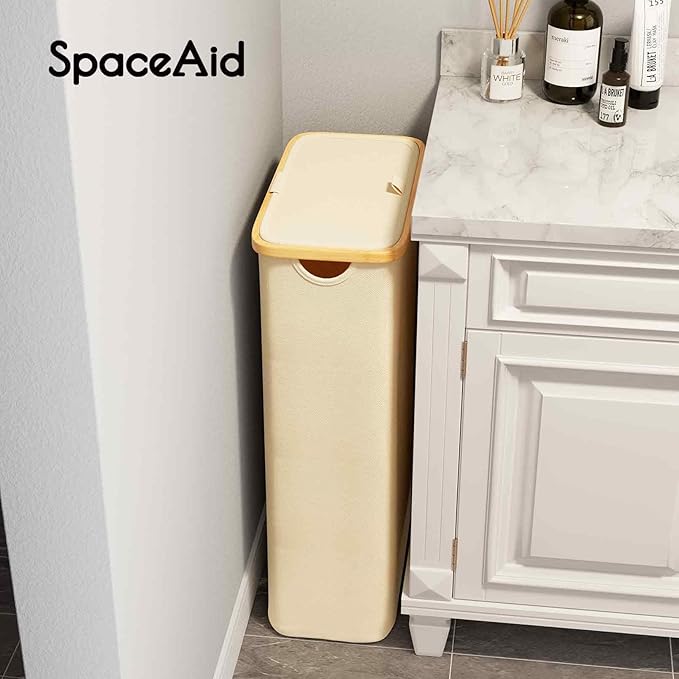 SpaceAid Slim Laundry Hamper with Lid, 65L Narrow Clothes Basket Bin with Bamboo Handles, Skinny Tall Collapsible Hamper for Bedroom, Bathroom, Dorm, Laundry Room - Beige