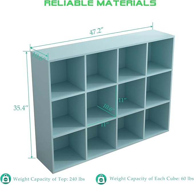 OSCHF 12-Cube Storage Shelf Bookcase - Wooden 3-Tier Floor Standing Open Bookshelf for Home and Office, Display Cabinet, Light Blue