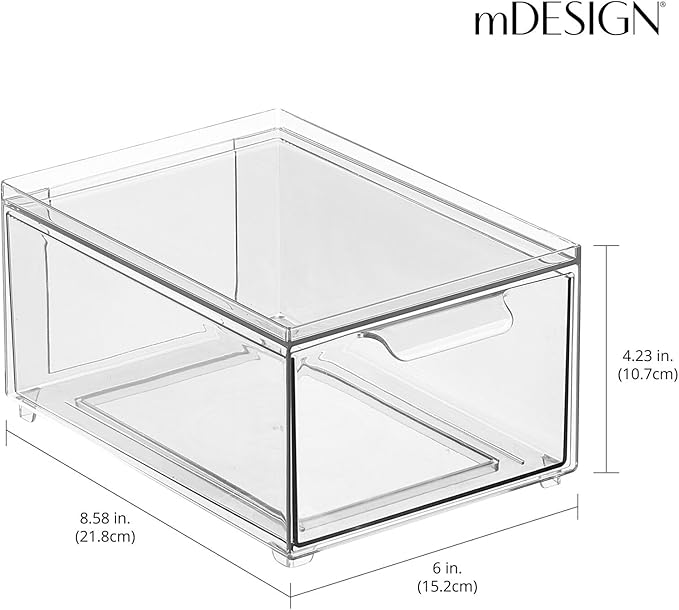 mDesign Stackable Storage Containers Box with Pull-Out Drawer - Stacking Plastic Drawers Bins for Kitchen Pantry and Cupboard, Cabinet, Counter, Island and Tables - Lumiere Collection - 4 Pack - Clear