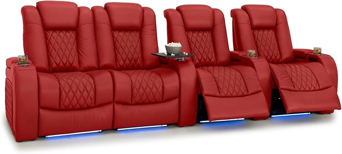 Seatcraft Diamante Zero-Gravity CoolZero Italian Leather Home Theater Seating, Power Headrest, Power Recline, Row of 4 Left Loveseat, Red