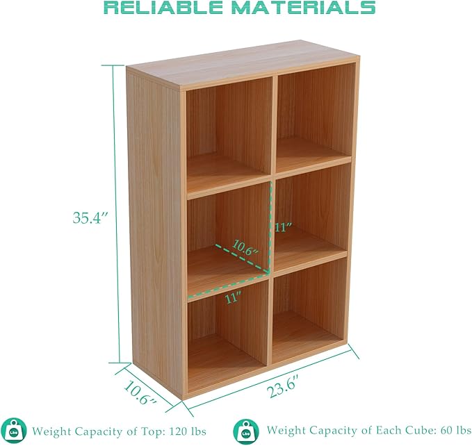 OSCHF 6-Cube Storage Shelf Bookcase - Wooden 3-Tier Floor Standing Open Bookshelf for Home and Office, Display Cabinet, Oak