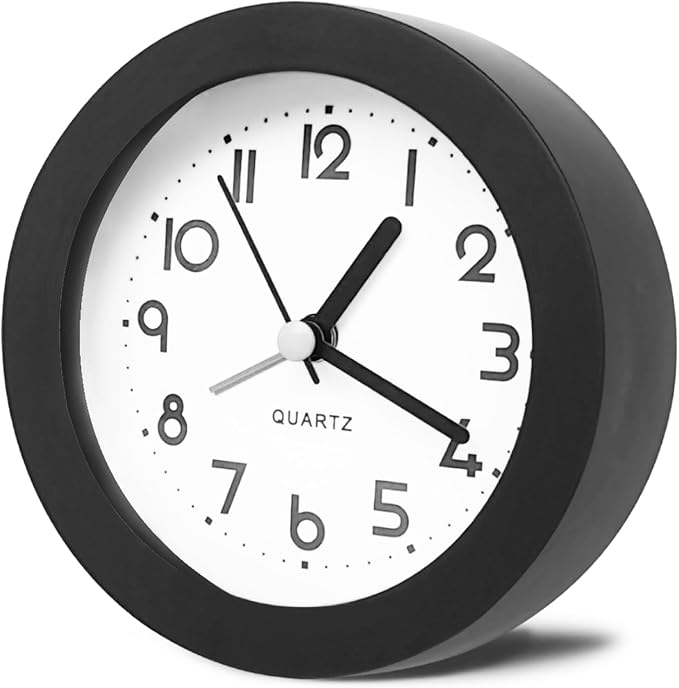 Alarm Clock with Backlight, 4 Inches Cute Analog Round Digital Quartz Clock, Non Ticking, Battery Operated,Simply Design for Living Room, Bedroom,Bedside, Desk Decorative (Black)