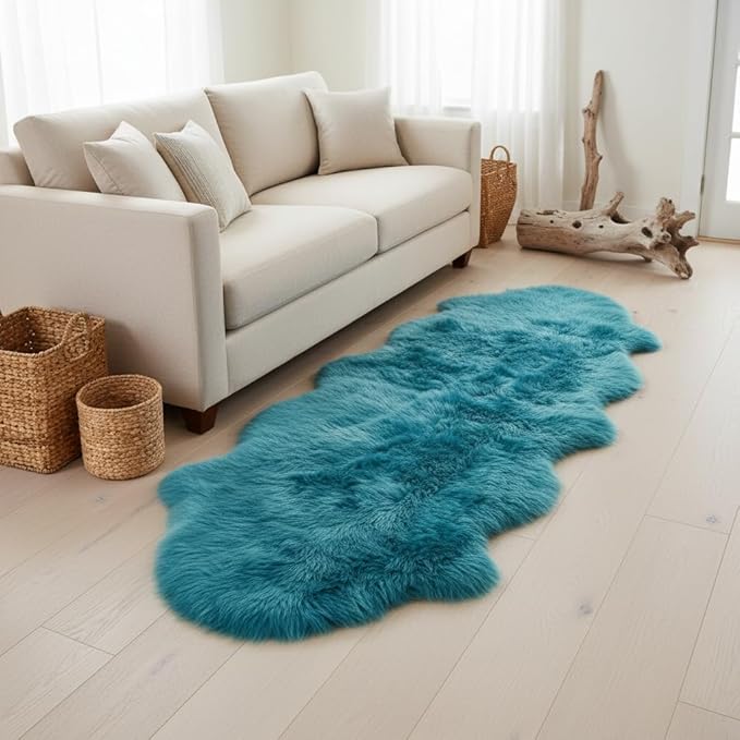 Premium Genuine Sheepskin Rug 2' x 6' Long Fur Soft & Natural Bedside Area Rug, Beach Blue, Double Pelt
