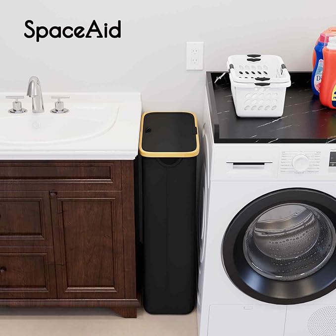 SpaceAid Slim Laundry Hamper with Lid, 65L Narrow Clothes Basket Bin with Bamboo Handles, Skinny Tall Collapsible Hamper for Bedroom, Bathroom, Dorm, Laundry Room - Black