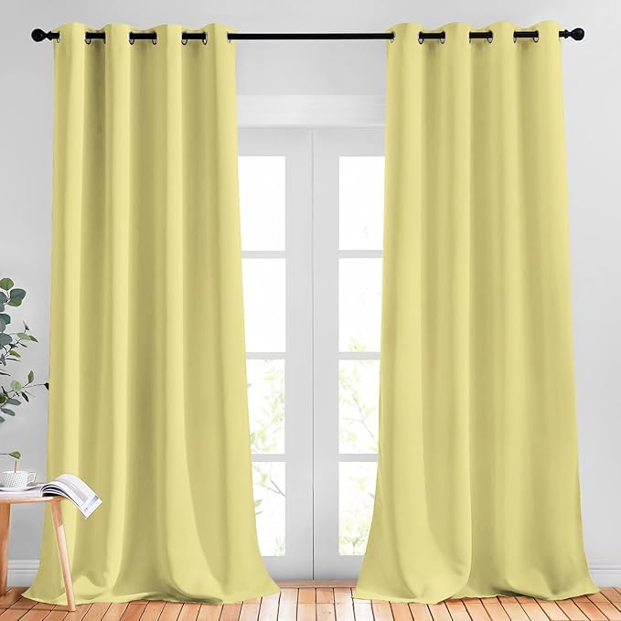NICETOWN Paler Yellow Room Darkening Curtains 102 inch Length, Grommet Energy Saving Thermal Drapes Sound Reducing Heat Blocking Window Treatments for Living Room, 2 Panels, W52 x L102