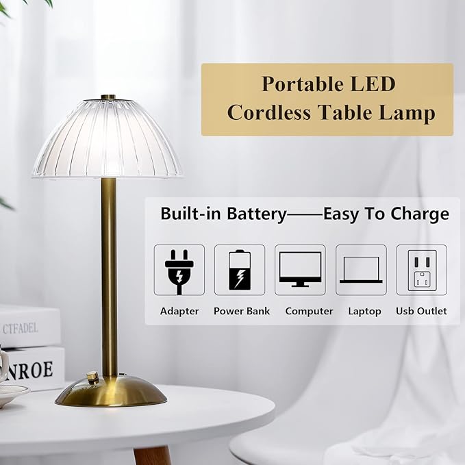 Liliful 4 Pcs Cordless Table Lamp Rechargeable Touch LED Small Gold Portable Battery Operated USB-c Desk Lamp 3 Color Dimmable for Bedroom Living Room Dining (Gold,Mushroom Style)