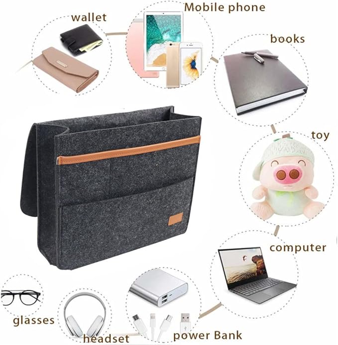 Bedside Caddy for Dorm and Bed Storage - Black Felt Organizer with 5 Pockets for Book, Phone, Tablet, iPad and Remote Holder