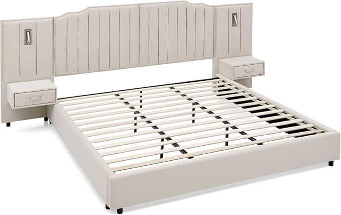 King Size Bed Frame with Storage, Luxury King Platform Bed Frame with Headboard, Velvet Fabric Upholstered Bedframe with LED Lights, Solid Frame & Bedside Table, No Box Spring Needed, Beige