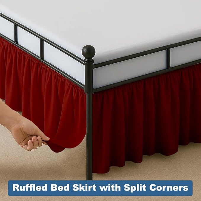 Ruffled Bed Skirt Split Corners with Platform, Tailored Fit Hotel Quality Wrinkle Free Ultra-Soft Microfiber Dust Ruffle, Upto 28 Inch Drop, Full XL, Burgundy