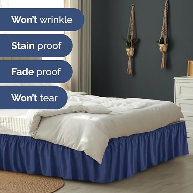 Wrap Around Dust Ruffle Bed Skirt - Navy Blue - for Full Size Beds w/ 16 Inch Drop - Easy Fit Elastic Strap - Adjustable Pleated Bedskirt with Brushed Fabric, Wrinkle Free Women, Men, Kids and Teens