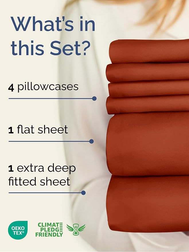 Extra Deep Cal King Sheet Set - 6 Piece Breathable and Cooling Sheets - Hotel Luxury Bed Sheets Set - Easy Fit - Soft, Wrinkle Free and Comfy Sheets Set - Terracotta Sheet Set with Extra Deep Pockets