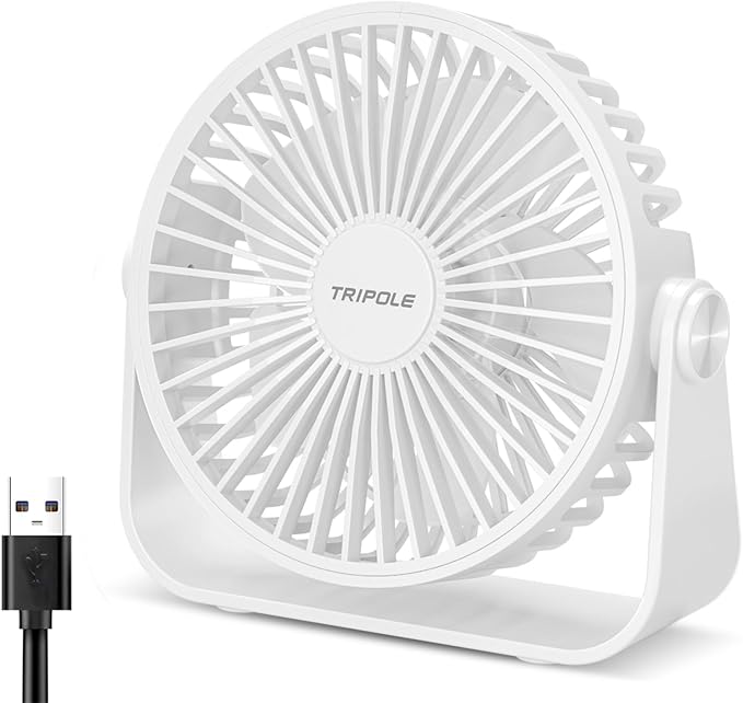 TriPole USB Desk Fan Portable Mini Fan Powerful 3 Speeds Wind Personal Desktop Fan with 360° Head Rotation for Home Office Car Indoor Outdoor White, No Battery, 4.5 Inches
