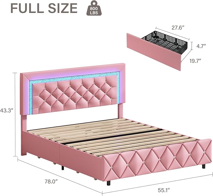 BarnFurin Full Size Bed Frame with LED Lights, Upholstered Bed Frame with Storage Drawers, Princess Platform Bed with Diamond Headboard and Footboard, No Box Spring Needed, Pink