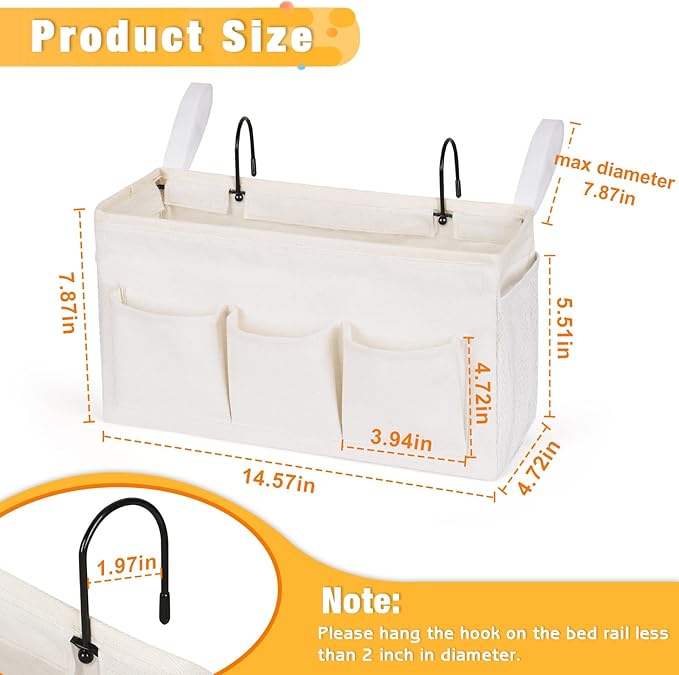 Lilithye Bedside Caddy Storage Organizer with Fixed Straps and Water Bottle Holder for Home, College, Dorm, Bunk/Hospital/Crib Bed Rails, White