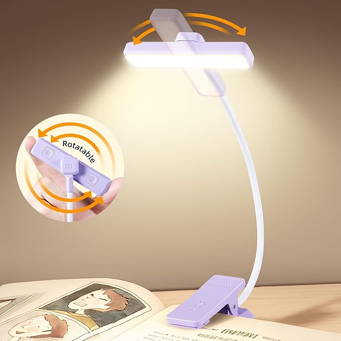 VAVOFO Rechargeable Book Light Rotatable：24 LEDs Reading Light, 3-Color & 9-Brightness Book Lamp, Eye Cared 120Hrs Runtime Lightweight Clip on Led Light for Book Lovers (Purple)