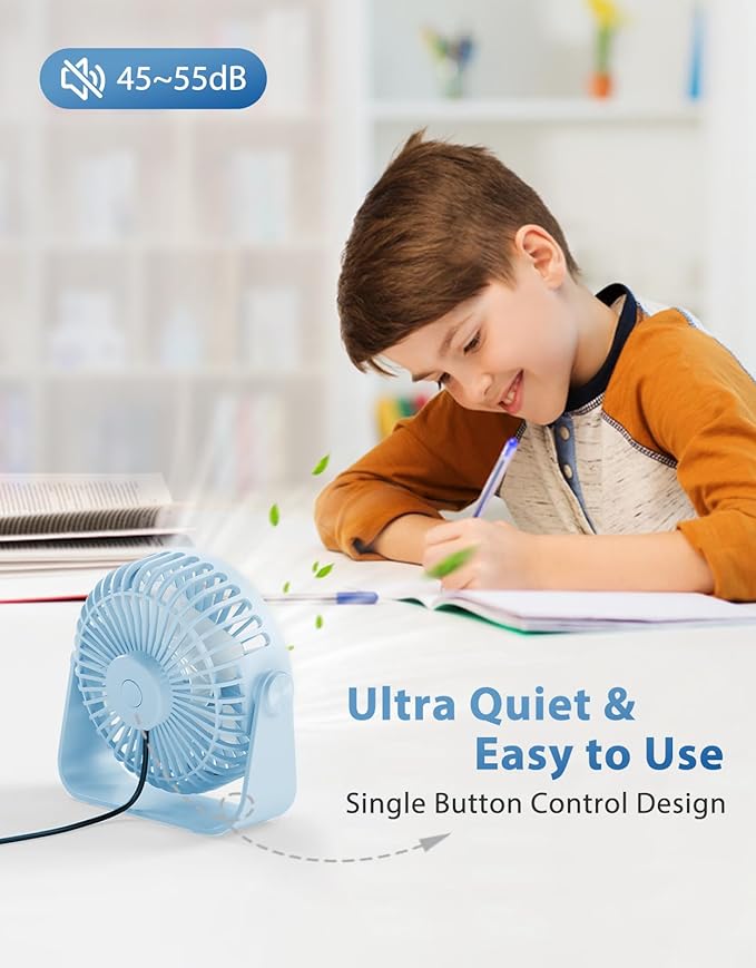 TriPole USB Desk Fan Portable Mini Fan Powerful 3 Speeds Wind Personal Desktop Fan with 360° Head Rotation for Home Office Car Indoor Outdoor Blue, No Battery, 4.5 Inches