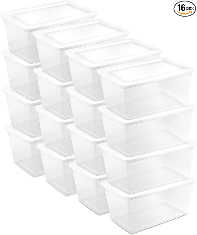 Sterilite 16 Pack Storage Box, 90 Quart Stackable Tote, Clear Plastic Container with Secure Snapping Lids for Home and Office Organization, White