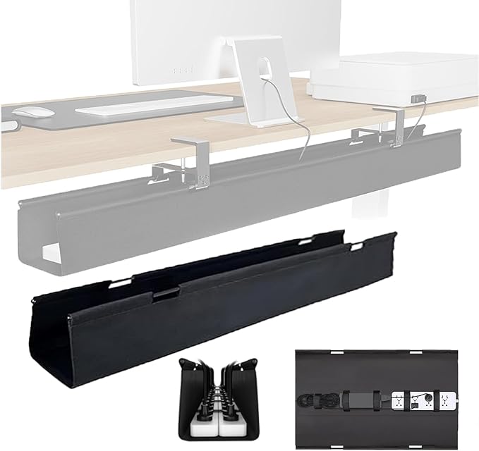 No Drill Under-Desk Cable Management Tray, Desktop Cable Organizer, Fabric Storage Tray, Two Installation Methods, Suitable for Office/Home Use. (13 * 27in)
