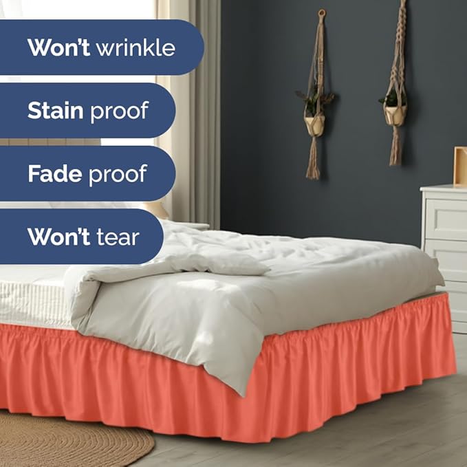 Wrap Around Dust Ruffle Bed Skirt - Coral - for Queen Size Beds with 15 Inch Drop - Easy Fit Elastic Strap - Adjustable Pleated Bedskirt w/Brushed Fabric - Wrinkle Free - for Women, Men, Kids & Teens
