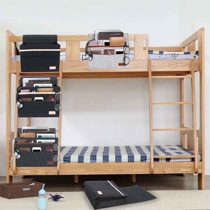 Bedside Caddy for Dorm and Bed Storage - Black Felt Organizer with 5 Pockets for Book, Phone, Tablet, iPad and Remote Holder