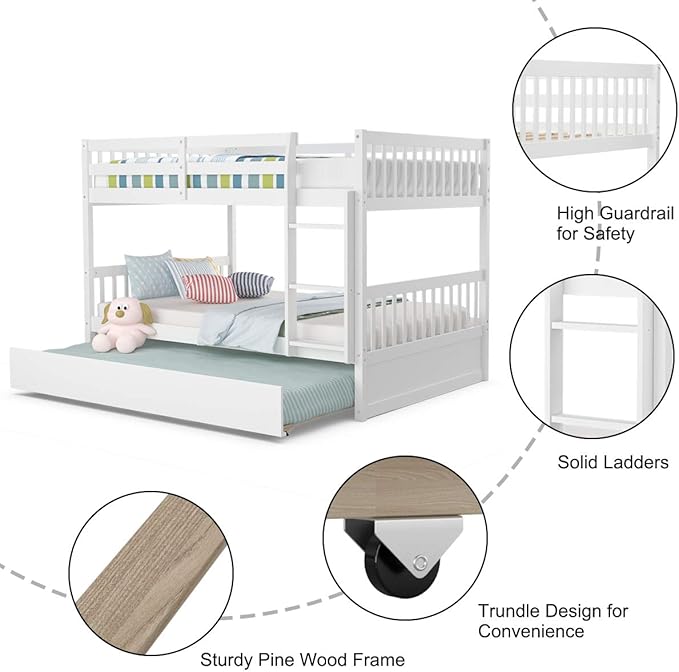 KOMFOTT Wood Full Over Full Bunk Bed with Trundle, Full Bed Frame with Ladder, Solid Wood Frame & Safety Guardrails, Space-Saving Bunk Bed for Teens & Adults, No Box Spring Needed
