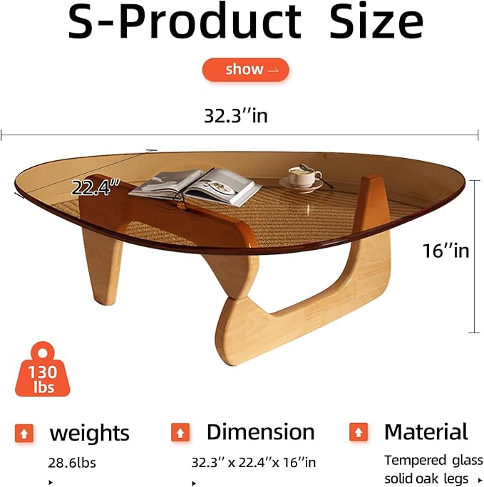 Modern Glass Coffee Table, Mid Century Coffee Table,Small Coffee Table for Living Room,Suitable for Bedroom Living Room Reception Office Tables (Wood/Brown, Small)