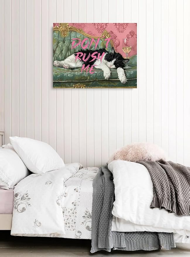 Pveror Funny Cat Wall Art Canvas Dont Rush Me Sleeping Black White Cat Painting Vintage Sofa Style Humorous Decor for Living Room Bedroom Office Pet Lover Gift Modern Home Decor 12x16 Inches