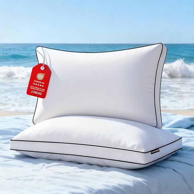 Feather Down Pillows King Size Set of 2 Pack, Luxury Hotel Quality Bed Pillow, Soft Medium Firm Feathers Pillow For Sleeping , Down Surrounded Gusseted Pillows for Side Back Stomach Sleepers 20x36 In