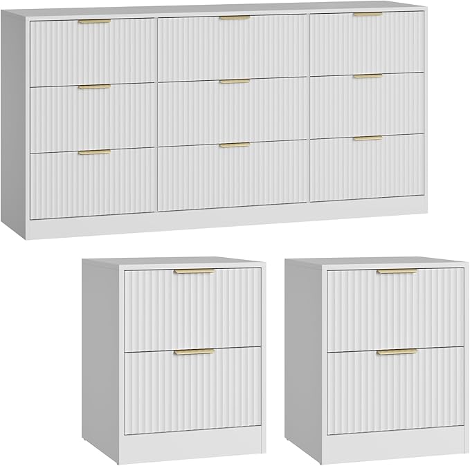 9 Drawer Dresser & Nightstand Set 3-Piece, 63” Wide White Fluted Dresser and Night Stand Set of 2, Fluted Modern Wood Chest of Drawers Storage Dressers Set for Bedroom, White