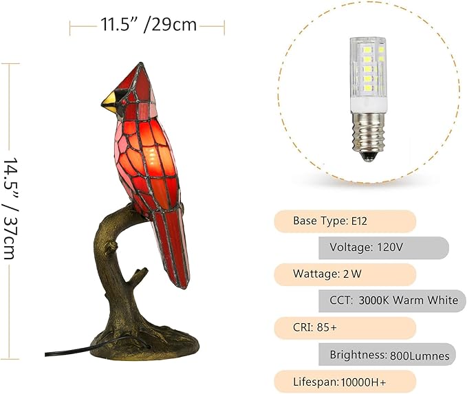 Cardinal Tiffany Style Accent Table Lamp in Height 14.5" Overall, Handmade Stained Glass Red Bird Lamp for Bedside Livingroom Bedroom Home Decoration (Red Cardinal)