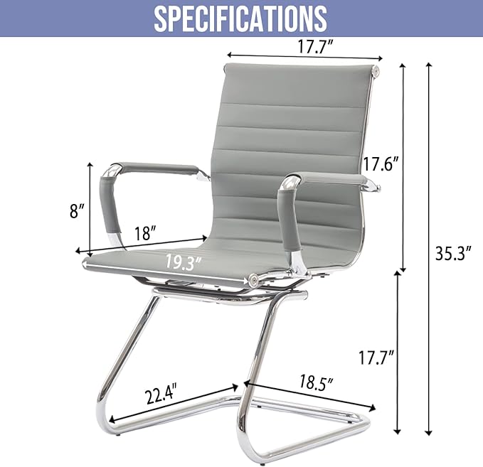 Wahson Office Guest Chairs Set of 4, Leather Reception Chairs, Mid Back Waiting Room Chair, Conference Chairs with Sled Base, Desk Chair No Wheels for Meeting/Lobby/Restroom, Grey