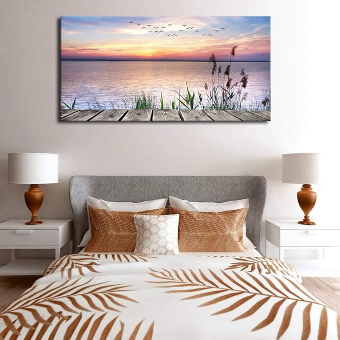 Yearainn Sunset Lake Wall Art - Nature Landscape Canvas Pictures, Wooden Dock Reed Grass Painting Print Flying Birds Artwork for Living Room, Bedroom, Home Office Wall Decoration 29" x 58"