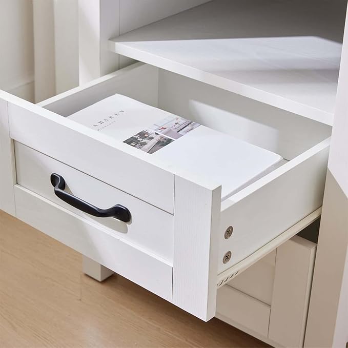 White Rustic Night Stand, Farmhouse End Table, Modern Bedside Table with 2 Storage Drawers and Open Shelf, Tall Nightstand for Bedroom