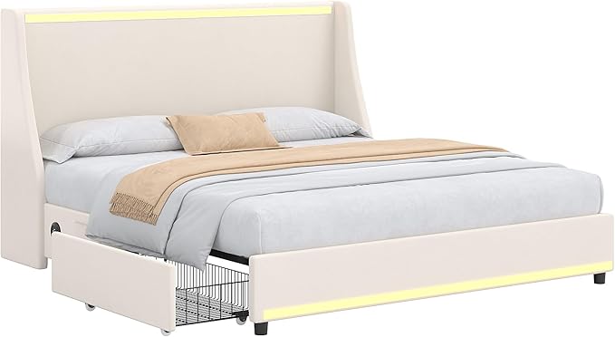 VECELO Queen Size Bed Frame with Storage Drawers, Upholstered Platform Bedframe with Wingback Headboard, No Box Spring Needed, Beige