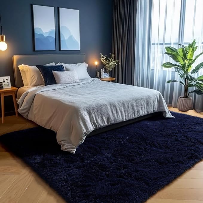 PAGISOFE Dark Navy Blue Rugs for Living Room 5x8 Ft, Plush Area Rugs for Bedroom, Non-Shedding, Indoor Furry Floor Rugs for Nursery Playroom, Shag Carpet for Kids Room Decor Aesthetic, Dark Blue