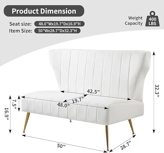 50’’ Armless Loveseat Sofa, Comfy Upholstered Velet Small Couch Sofa with Gold Legs, 2 Seater Tufted Modern Couch for Living Room, Bedroom, Apartment Small Space (White)