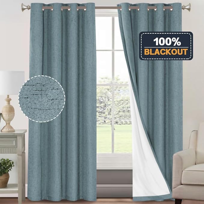 PrinceDeco 100% Blackout Linen Textured Curtains for Living Room Black Out Curtains 96 Inch Long 2 Panels Set Grommet Room Darkening Curtains & Drapes Boho Home Decor for Bedroom,52 X 96In,Stone Blue