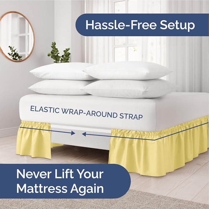 Wrap Around Dust Ruffle Bed Skirt - Yellow - Twin/Twin XL Size Beds with 12 Inch Drop - Easy Fit Elastic Strap - Adjustable Pleated Bedskirt w/Brushed Fabric - Wrinkle Free - Women, Men, Kids & Teens