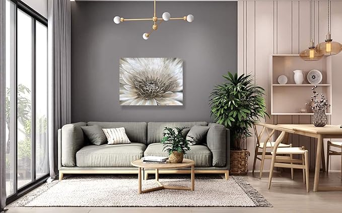 RICHSPACE ARTS Flower Wall Art in Neutral Beige Color Modern Rustic Farmhouse Canvas Decor Hanging Framed Artwork Chrysanthemum Floral Picture White Grey Painting Print for Bathroom Bedroom Living