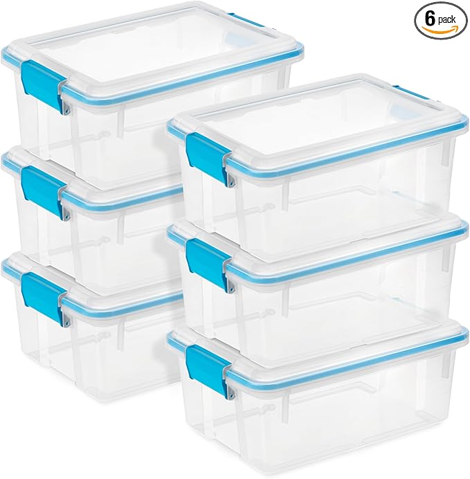 Sterilite 6-Pack Gasket Box, Weather-Resistant Storage Bins with Latching Lids, 12 Quart - Heavy-Duty Organizing Containers for Closet, Bathroom, and Office