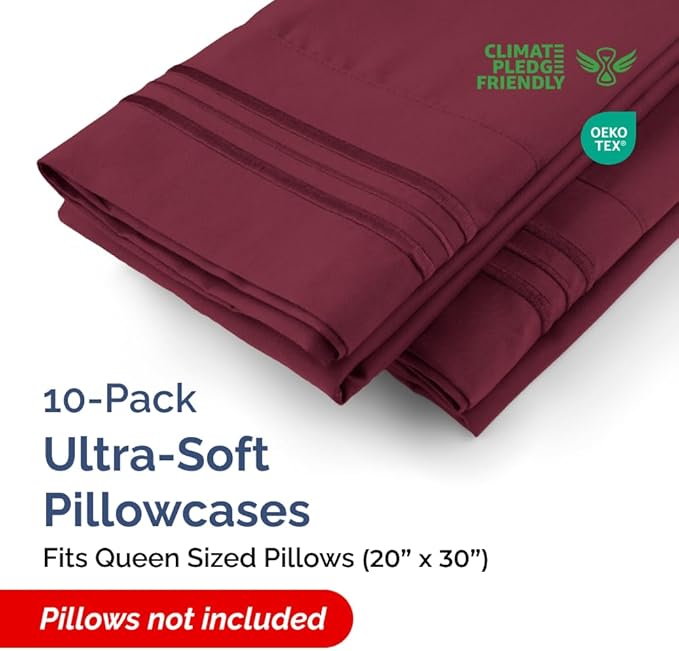 Queen Pillow Cases Set of 10 - Ultra Soft Hotel Quality Pillowcase Covers - Comfy, Cozy & Wrinkle Free - Shrink, Stain and Fade Resistant - Machine Washable Pillow Protectors - 10 Pcs Set - Burgundy