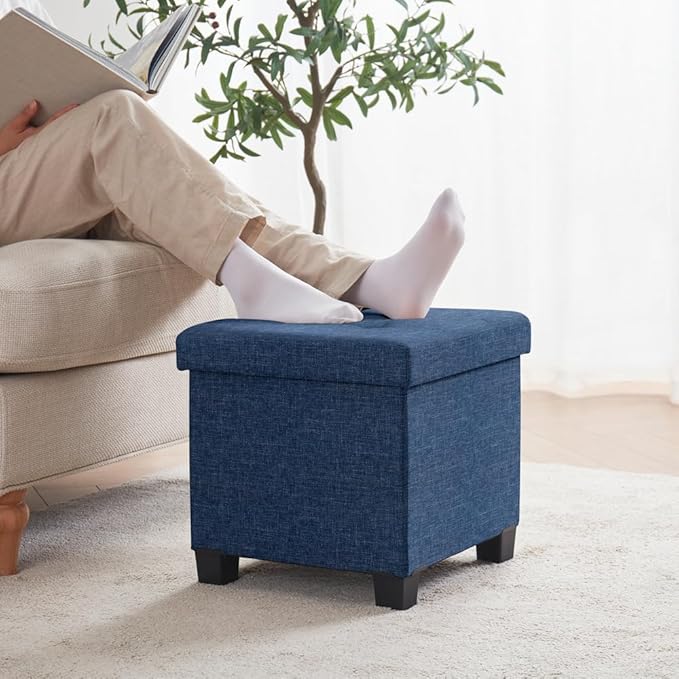 Ornavo Home 15 Inch Folding Storage Ottoman with Storage, Square Cube Linen Small Storage Ottoman Foot Rest Stool with Legs - Navy Blue