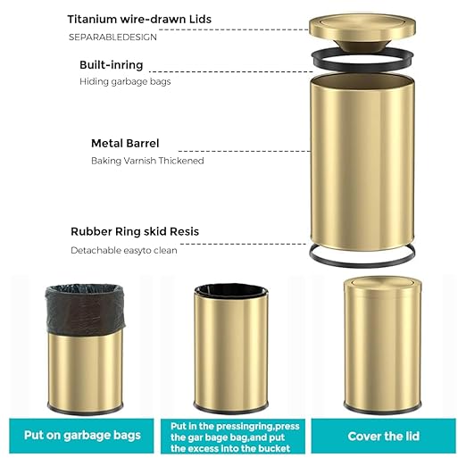 2.4 Gallon Brass Gold Bathroom Trash Can, Fancy Waste Basket Powder Room Bedroom, Elegant Modern Decorative Garbage Can for Restroom Office Hotel Kitchen (Gold Single Layer)
