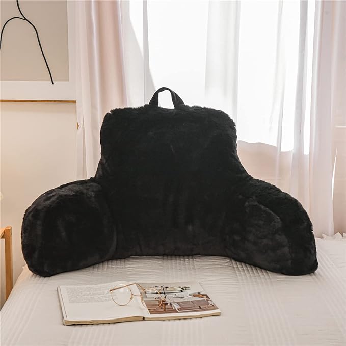Holawakaka Reading Pillow for Sitting up in Bed Sofa Kids Teens, Backrest Pillow with Arms for Boys Girls Women Petites Pregnancy, Back Support Cushion for Couch Floor Nursery Playroom (Black)