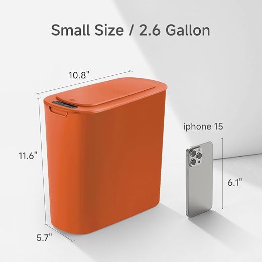 TIPGO Automatic Motion Sensor Bathroom Trash Can with Lid, 2.6 Gallon Touchless Trash Bin, Smart Garbage Can Plastic Slim Wastebasket for Bedroom, Office, Dorm (Orange)